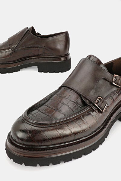 TUNAELLİ Men's Brown Crocodile Patterned Genuine Natural Leather Size 39-45-46 Double Buckle Shoes