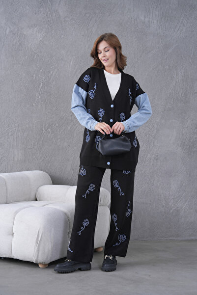 Miss Allos Women's Sleeves Denim Front Beaded Wide Fit Knitwear Cardigan and Pants Bottom-Top Set