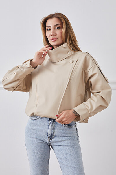 DPARİS Faux Leather Jacket with Elastic Waist and Hidden Zipper