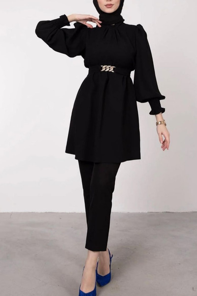 Tesettür Diyarı طقم حجاب صيفي بتفاصيل أيروبين - أسود