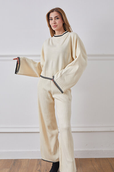 DPARİS Crew Neck Shepherd Stitch Sweater Pants Knitwear Two-Piece Set
