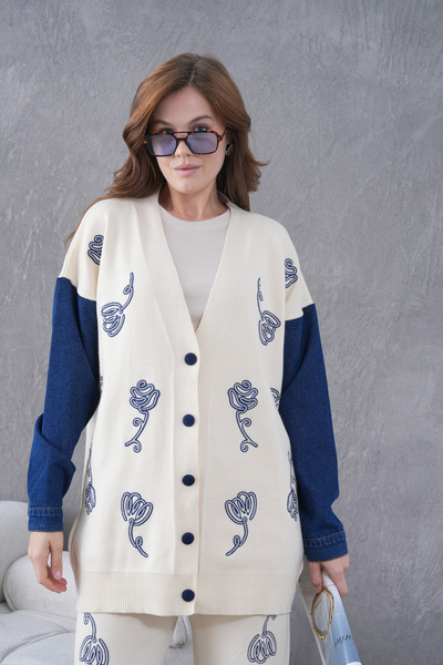 Miss Allos Women's Sleeves Denim Front Beaded Wide Fit Knitwear Cardigan and Pants Bottom-Top Set