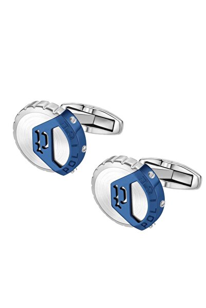 Police أزرار أكمام للرجال من الفولاذ المقاوم للصدأ بشعار أزرق