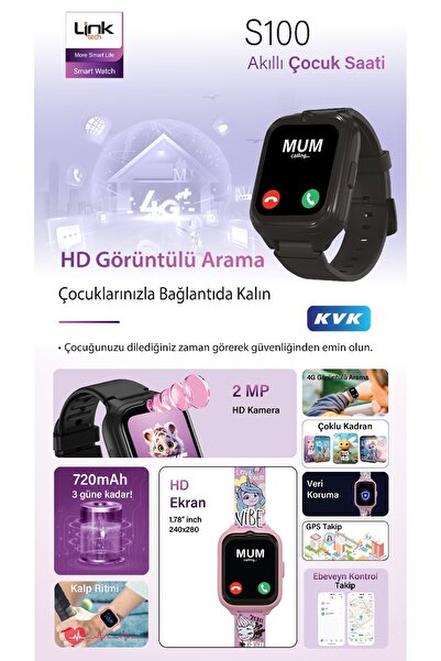 Linktech Akıllı Çocuk Saati LINK S100. 8GB.Hafıza 1 GB.RAM. 2MP kamera . GPS Takip. SIM 4G. wifi. Garanti KVK