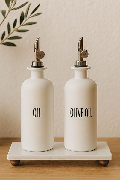 morponi Set of 2 White Silver Headed Glass Oil Bottles with Marble Stand |   Oil-Olive Oil-Vinegar-Sauce 500 ml