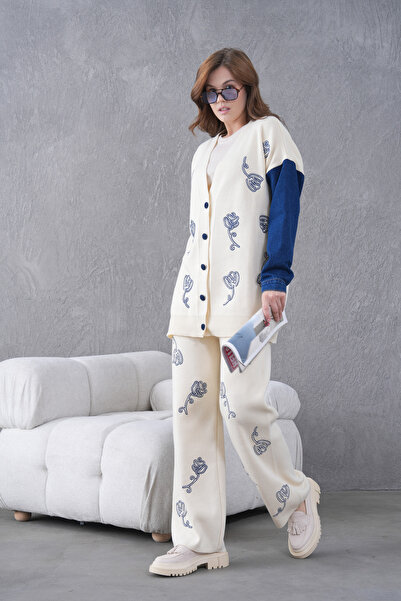 Miss Allos Women's Sleeves Denim Front Beaded Wide Fit Knitwear Cardigan and Pants Bottom-Top Set