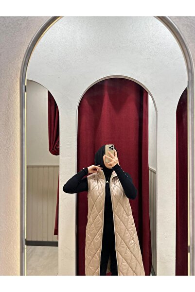 Minel Women's Beige Long Quilted Vest