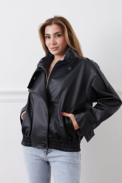 DPARİS Faux Leather Jacket with Elastic Waist and Hidden Zipper