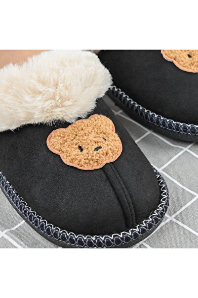 Tmall Papuci de damă, cu ursuleț de pluș, Furry, TM1PD1073, Negru