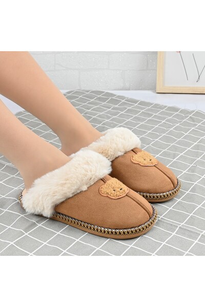 Tmall Papuci de damă, cu ursuleț de pluș, Furry, TM1PD1073, maro