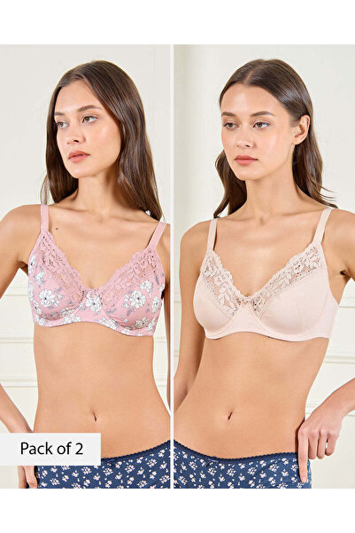 REDTAG حمالة صدر نسائية مطبوع باللونين الوردي والبيج بدون بطانة (عبوة من قطعتين)