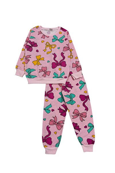 Şekerkids Girl's Two Thread Sha Fleece-Lined Embe Color Ribbon Pattern Long Sleeve Pajamas Set