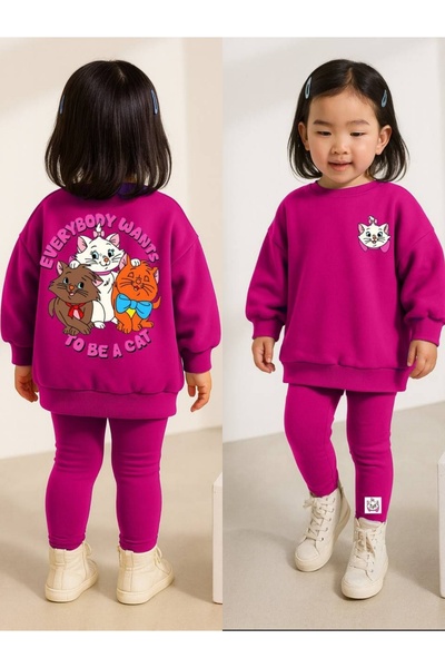 West Sky Cat Printed Tights 3-Ply Non-Iron Bottom Top Girl's Set