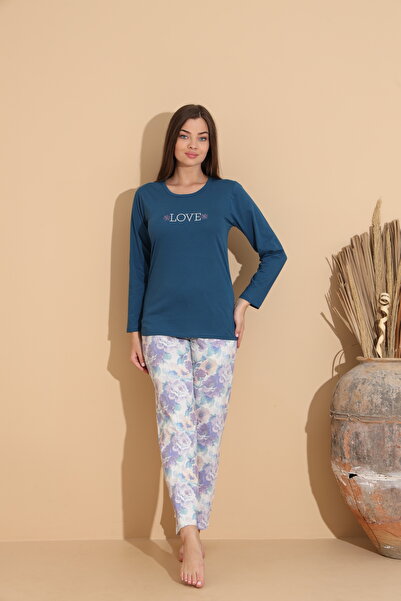 Serena Women's navy blue pajamas, "Love" blouse and floral Printed pants - 100% cotton
