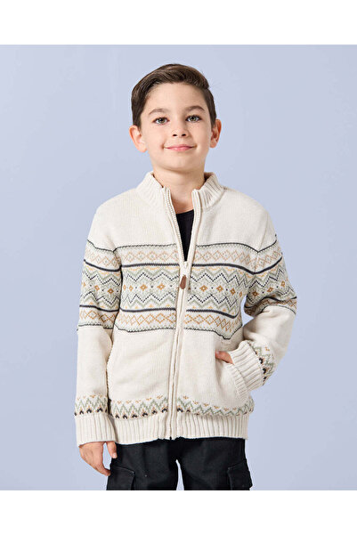 REDTAG كارديجان مبطن بالفرو باللون البيج للأولاد مع سحاب