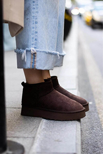 CAPRİ MODA KADIN KAHVERENĞİ SÜET İÇİ KÜRKLÜ KALIN TABAN BİLEKTE KISA KADIN BOT & BOOTİE