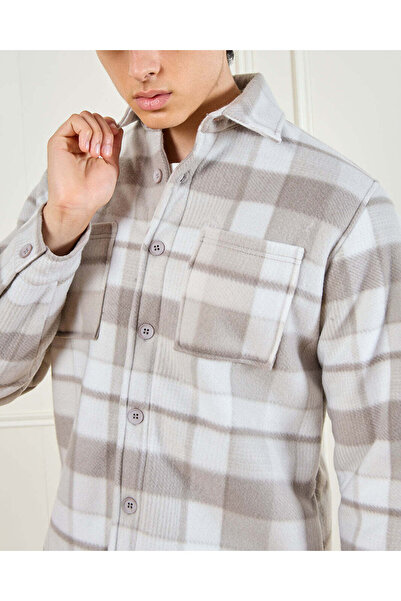 REDTAG Men Beige Check Shacket With Sherpa Linning