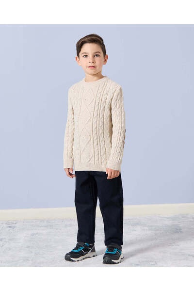 REDTAG Boys Beige Elbow Patch Beige Sweater