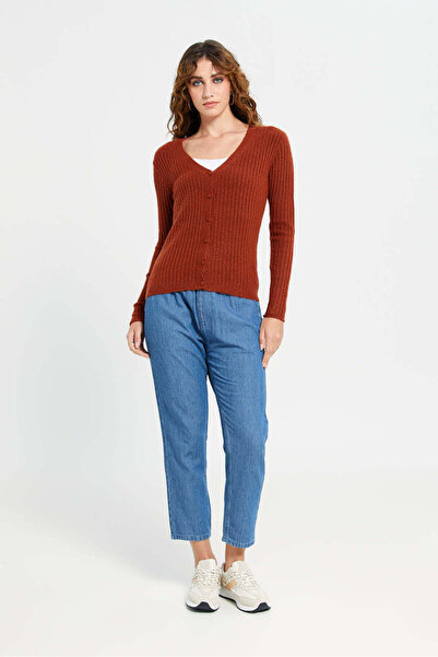 REDTAG Women Brown V Neck Knitted Cardigan
