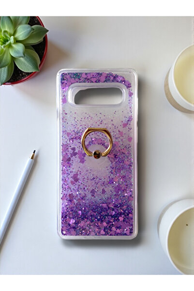 Merwish Samsung Galaxy S10 Plus Compatible Shiny Silicone Case with Water Glitter and Ring Stand Purple