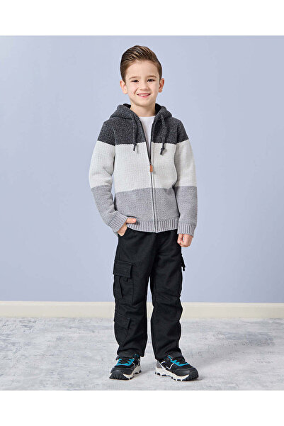 REDTAG Boys Charcoal Fur Lined Zip Thru Hooded Cardigan