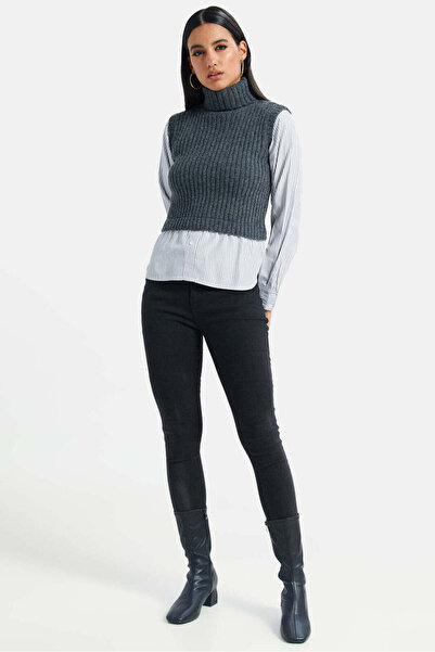 REDTAG Women Charcoal Turtle Neck Top