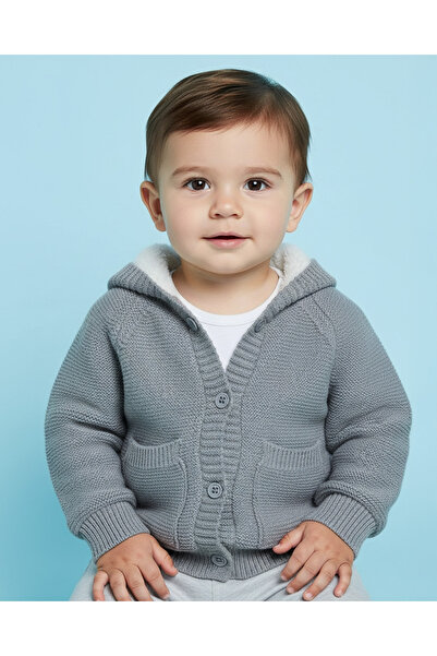 REDTAG سويت شيرت رمادي بغطاء رأس وأزرار أمامية وجيب للأولاد الرضع