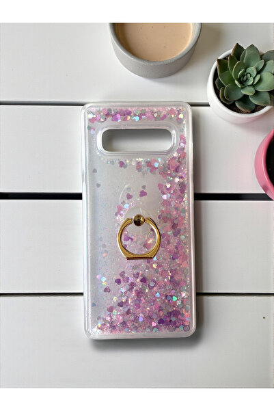 Merwish Samsung Galaxy S10 Plus Compatible Shiny Silicone Case with Water Glitter and Ring Stand Pink