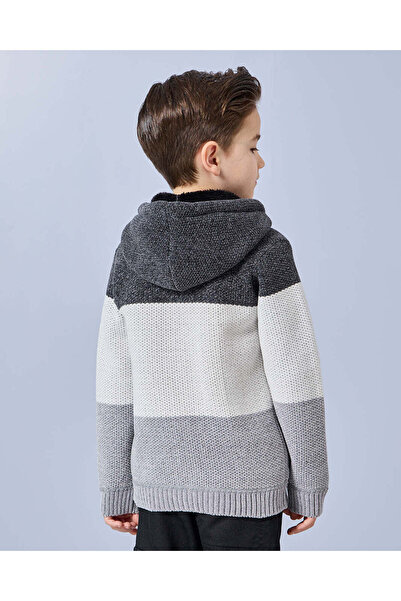 REDTAG Boys Charcoal Fur Lined Zip Thru Hooded Cardigan