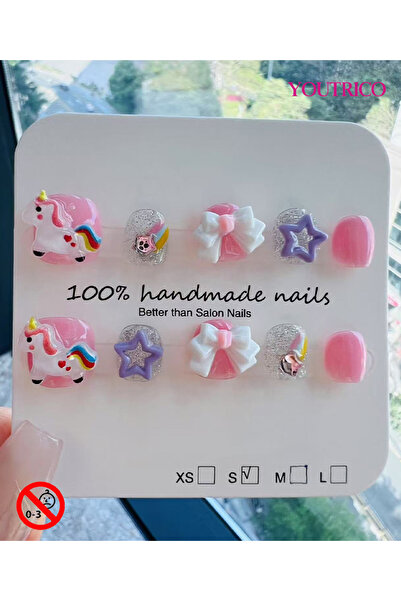 Youtrico أظافر صناعية للأطفال مصنوعة يدويًا بنسبة 100%، لونها أخضر قوس قزح، آ...