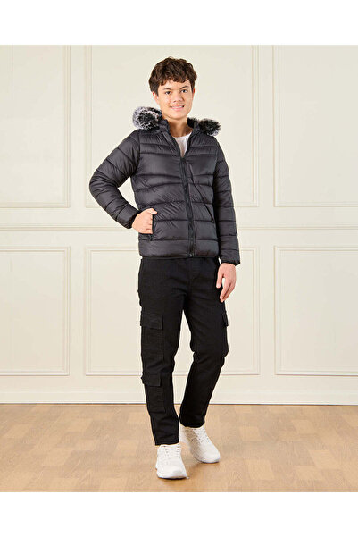REDTAG Senior Boys Black Padded Fur Hooded Jacket