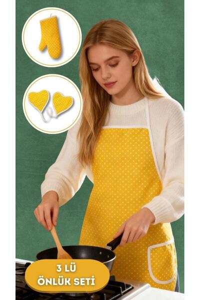 MODALİN Puantiyeli Mutfak Seti 3’lü – Su Geçirmez Isıya Dayanıklı Önlük + Eld...