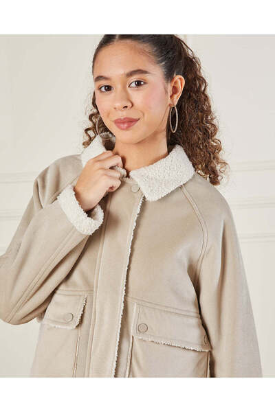 REDTAG Senior Girls Beige Embellished Jackets With Sherpa Lining