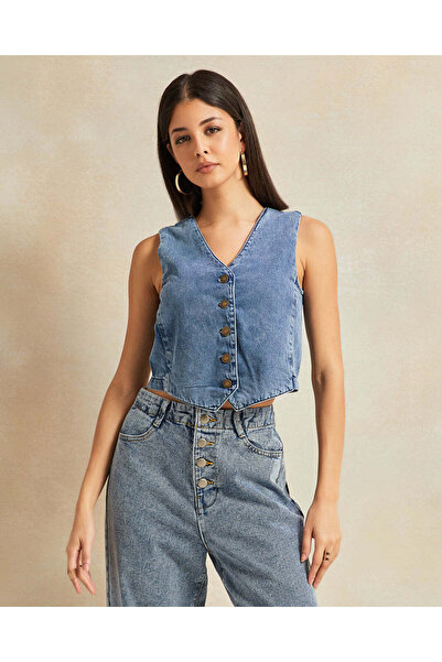 REDTAG Women Blue Front Button Denim Vest