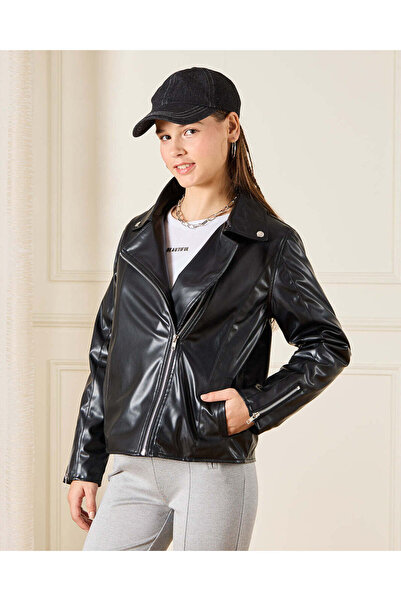 REDTAG Senior Girls Black Jacket With Fur Lining