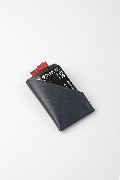 CENGİZ PAKEL Genuine Leather Minimalist Slim Card Holder - 2511 - Navy Blue/Red