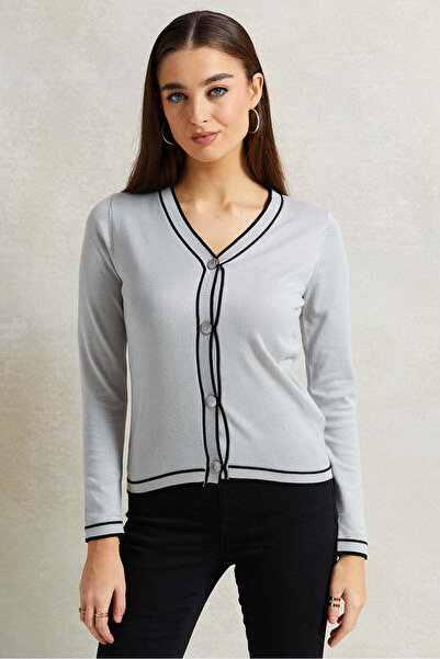 REDTAG Women Grey Stripe Button Down Cardigan
