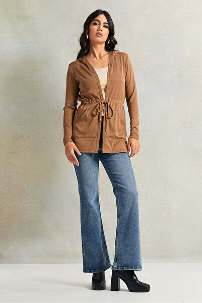 REDTAG Women Beige Waist Hooded Cardigan With Pockets