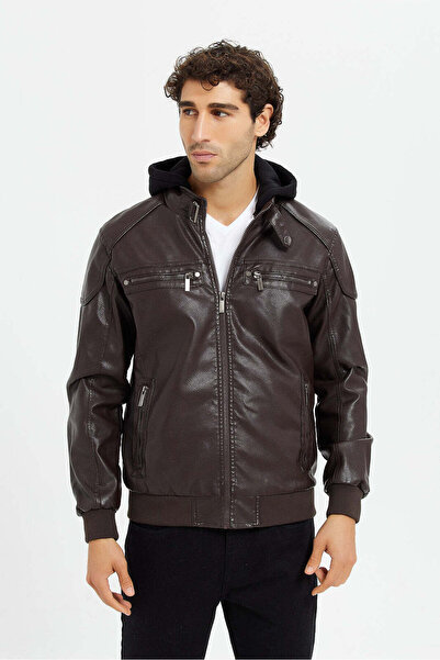 REDTAG Men Brown Hooded Biker Jacket