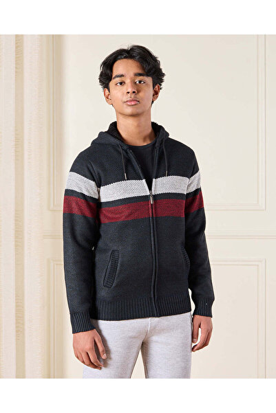 REDTAG كارديجان بغطاء رأس وسحاب من قماش الشيربا باللون الأزرق الداكن للأولاد ...