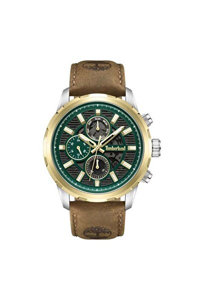 Timberland ساعة هامبتون هاربور للرجال متعددة الوظائف، مقاس 46 مم، بمينا أخضر وحزام جلدي بني