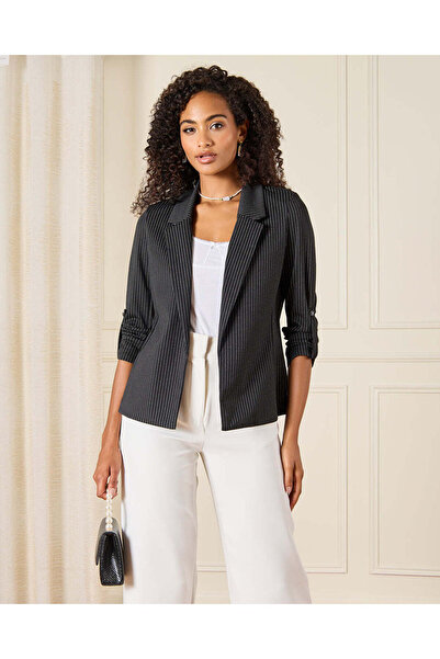 REDTAG Women Black Striped Rolled Sleeve Blazer