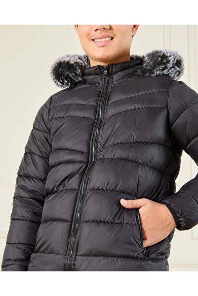 REDTAG Senior Boys Black Padded Fur Hooded Jacket