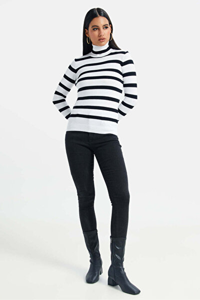 REDTAG Women White With Black Stripes Turtle Neck Pullover