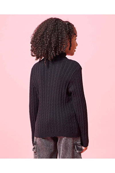 REDTAG Girls Black Turtle Neck Cable Knitted Pullover