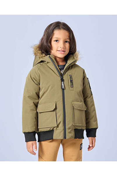 REDTAG جاكيت باركا بغطاء رأس بالفرو الزيتوني للأولاد