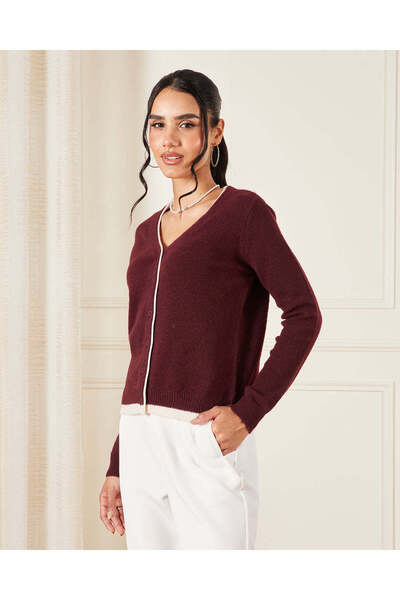 REDTAG Women Burgundy Knitted Top With Ivory Contrast Piping Detail