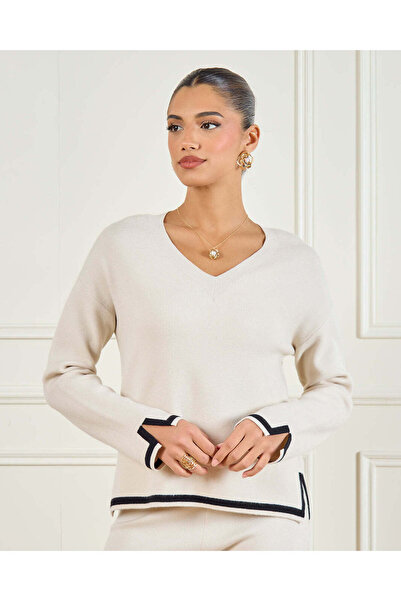 REDTAG Women Cream V-Neck Sweater