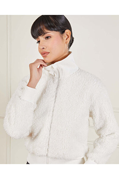 REDTAG Women Ivory Zip Front Fur Jacket – Turtle Neck, Long Sleeve