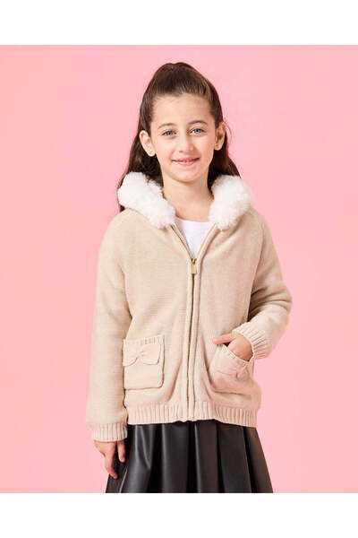 REDTAG Girls Beige Zip Thru Hooded Cardigan